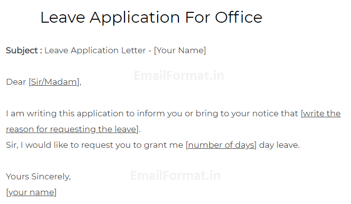 leave application letter format sample for office, leave application for office, leave letter for office format