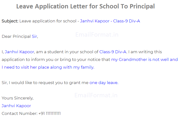 leave application letter format sample for school to principal, leave application for school, leave letter for school